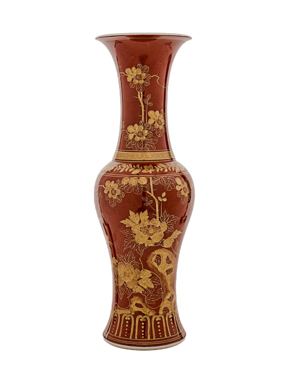 Vintage Chinese Coral-Ground Gilt-Decorated Porcelain Vase